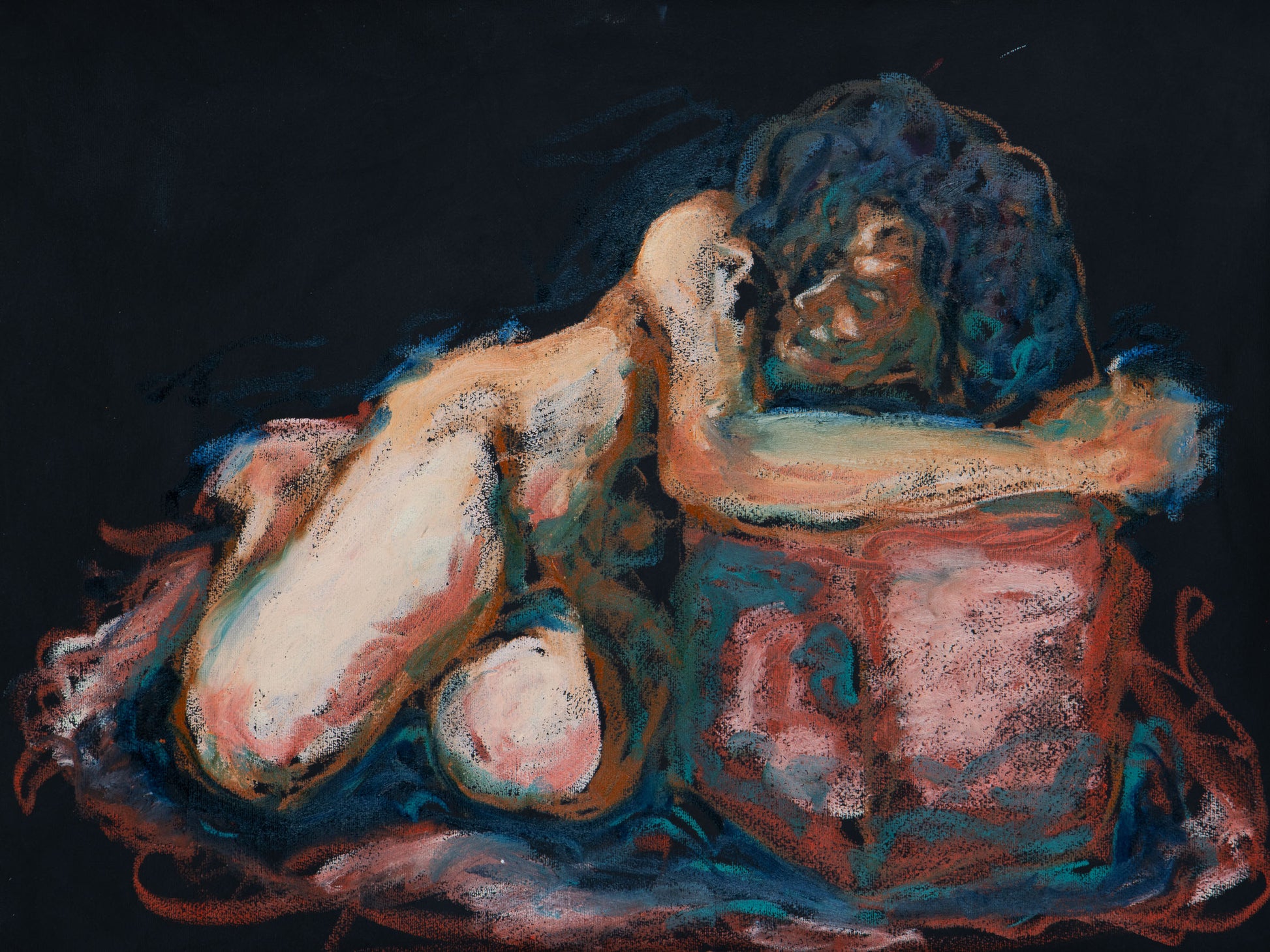 Life Withheld, original oil stick painting of a reclining nude figure leaning over a rose-red form against a dark background.