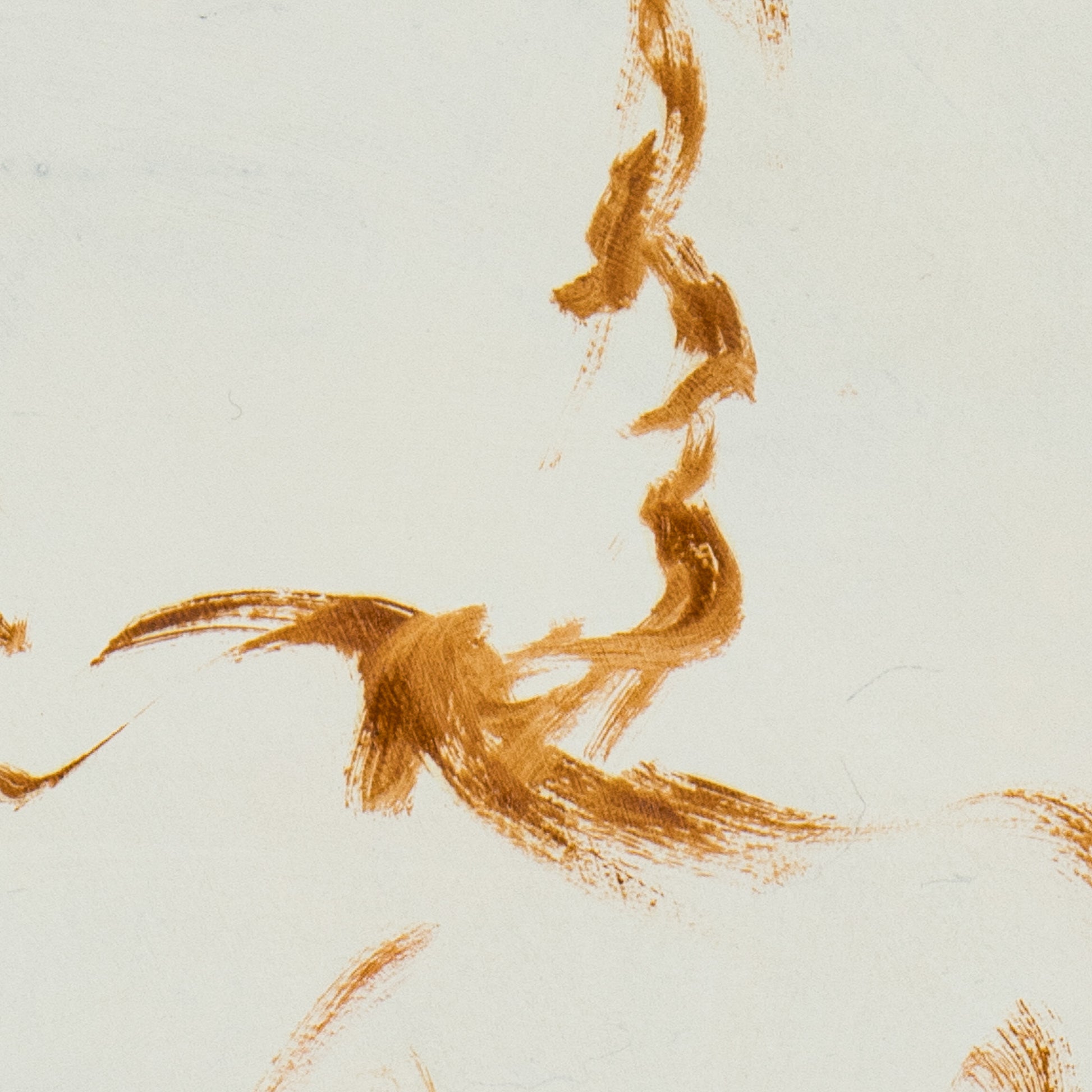Close-up of Lost in Line fine art print by Bogdan Jensen showing delicate line texture, warm ochre marks, and open space around the seated figure