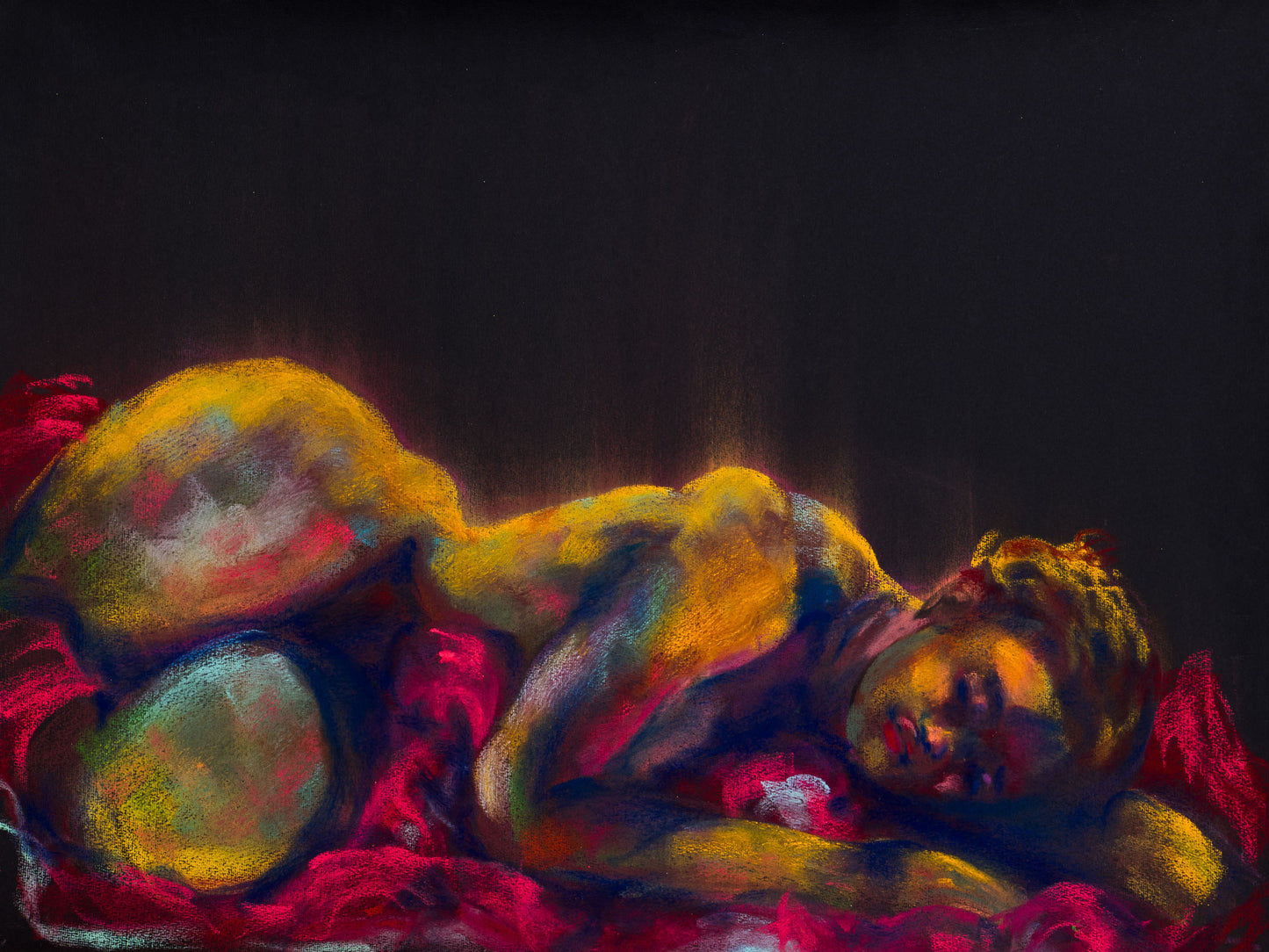 Original pastel drawing of a resting figure in crimson fabric on black paper, exploring warmth, stillness, and embodied repose.