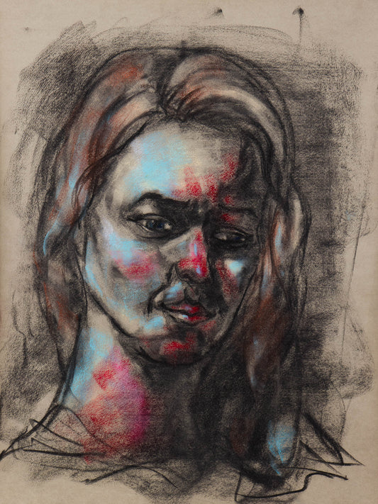 Original charcoal and pastel portrait of a face held in blue light, red marks, and shadow on toned cotton paper.