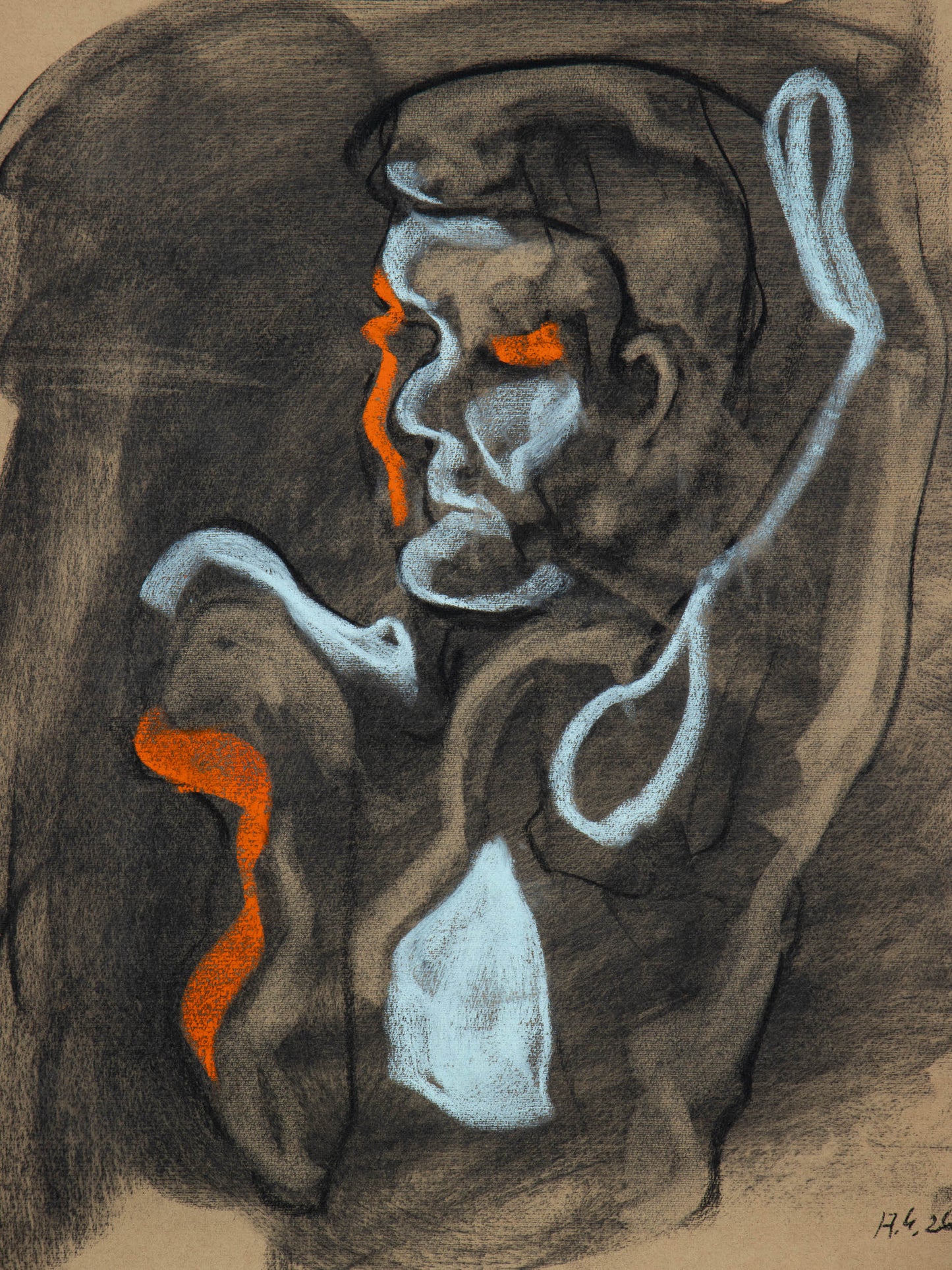 Masque II, 2026 original masked figure drawing by Bogdan Jensen in charcoal and pastel from Le Garçon le plus triste du monde