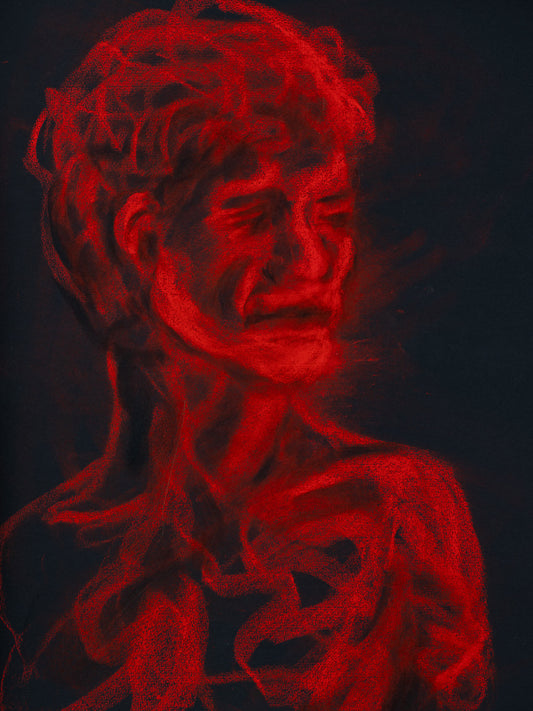 Mort ou non? IV, 2026 original red live portrait drawing by Bogdan Jensen from Le Garçon le plus triste du monde