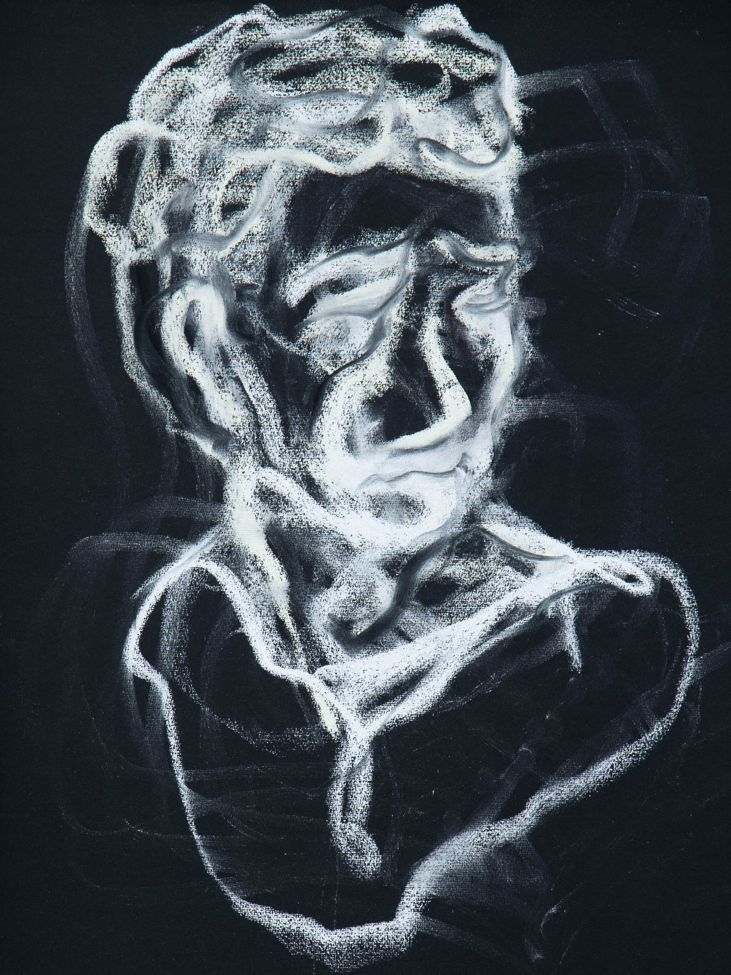 Mort ou non? V, 2026 original live portrait drawing in white on darkness by Bogdan Jensen from the Berlin performance