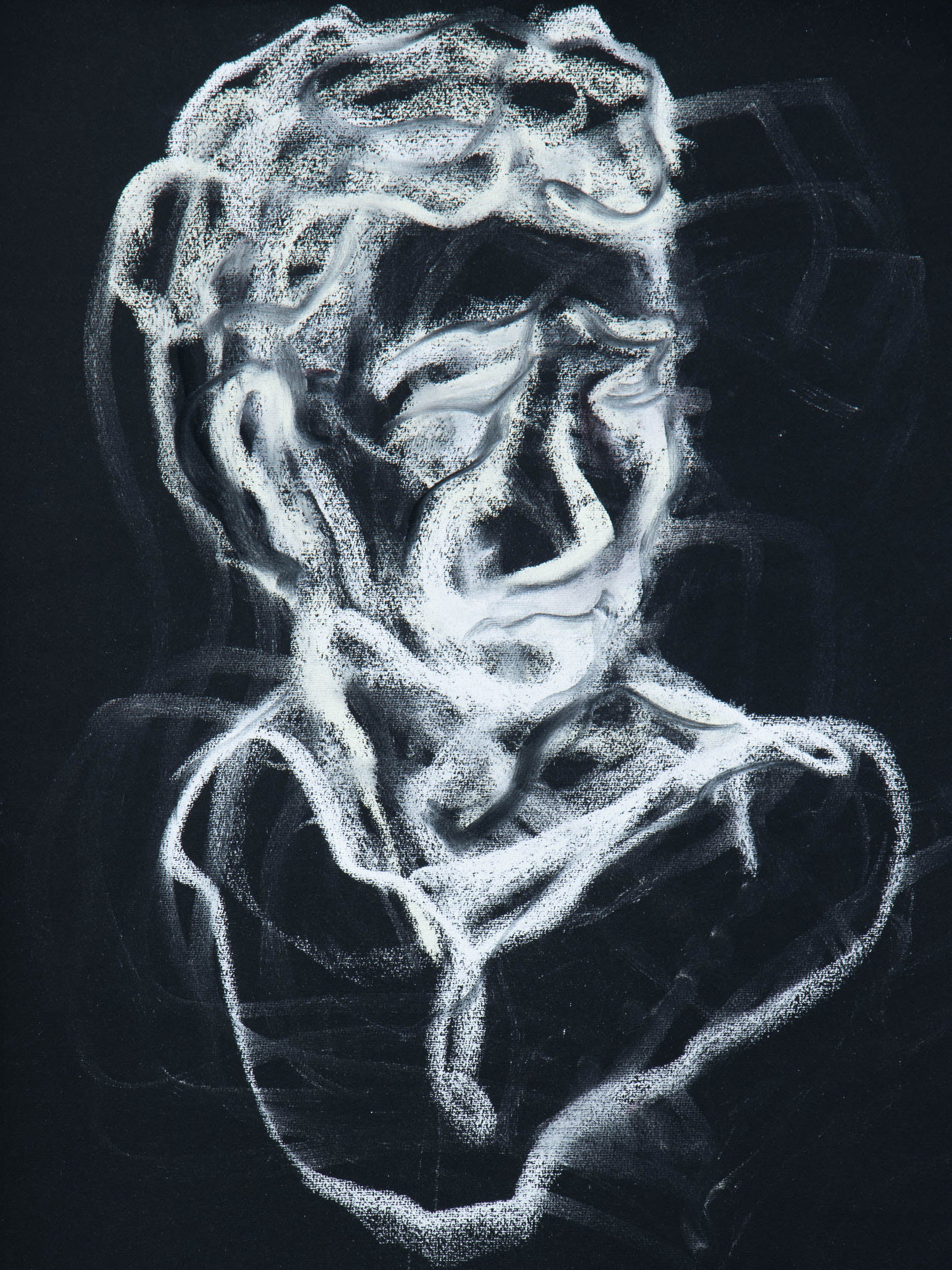 Mort ou non? V, 2026 original live portrait drawing in white on darkness by Bogdan Jensen from the Berlin performance