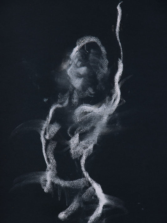 Pose I, 2026 original live figure drawing by Bogdan Jensen of a bright figure emerging from darkness