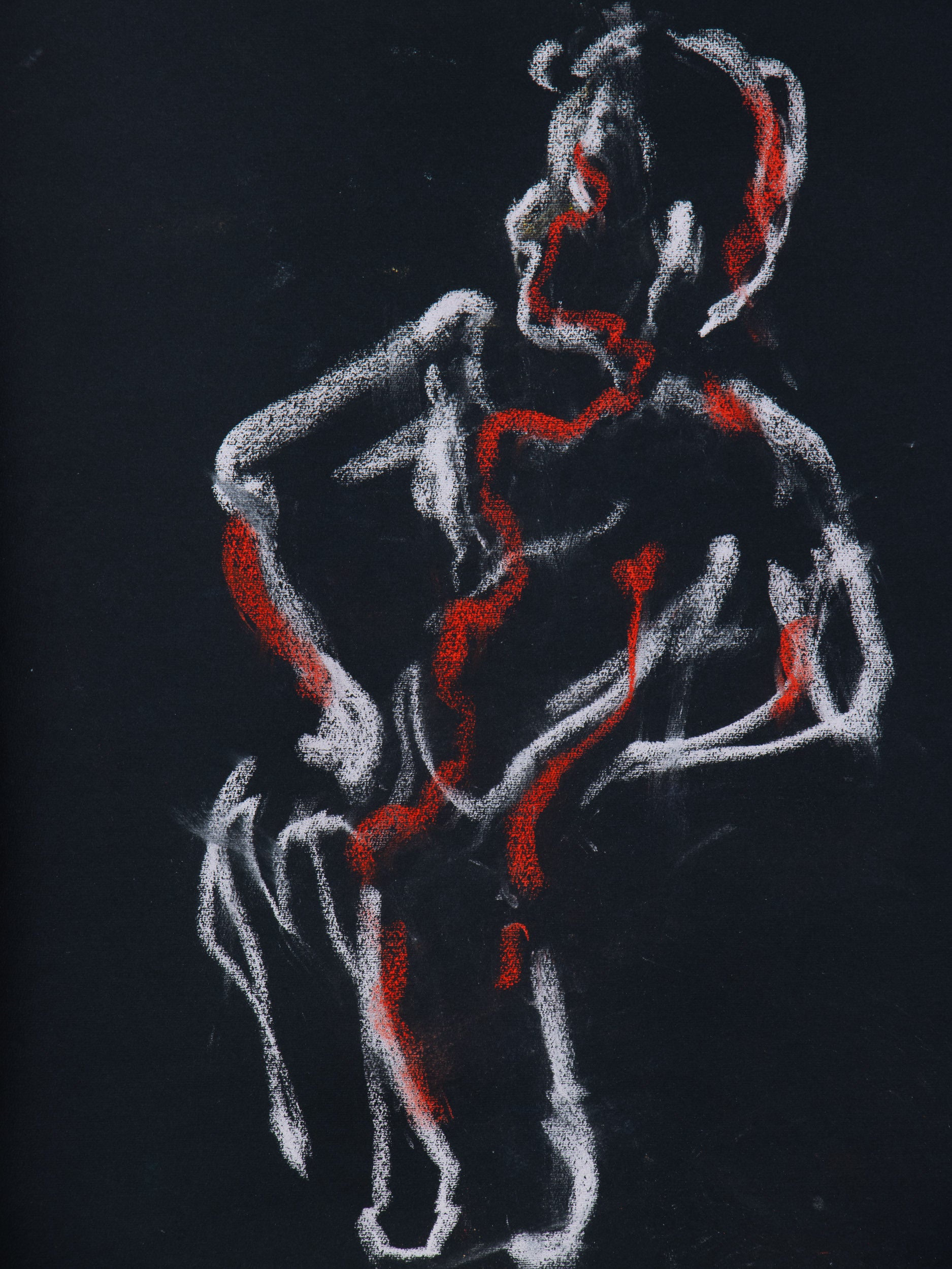 Pose II, 2026 original live figure drawing by Bogdan Jensen held in movement red line and shadow