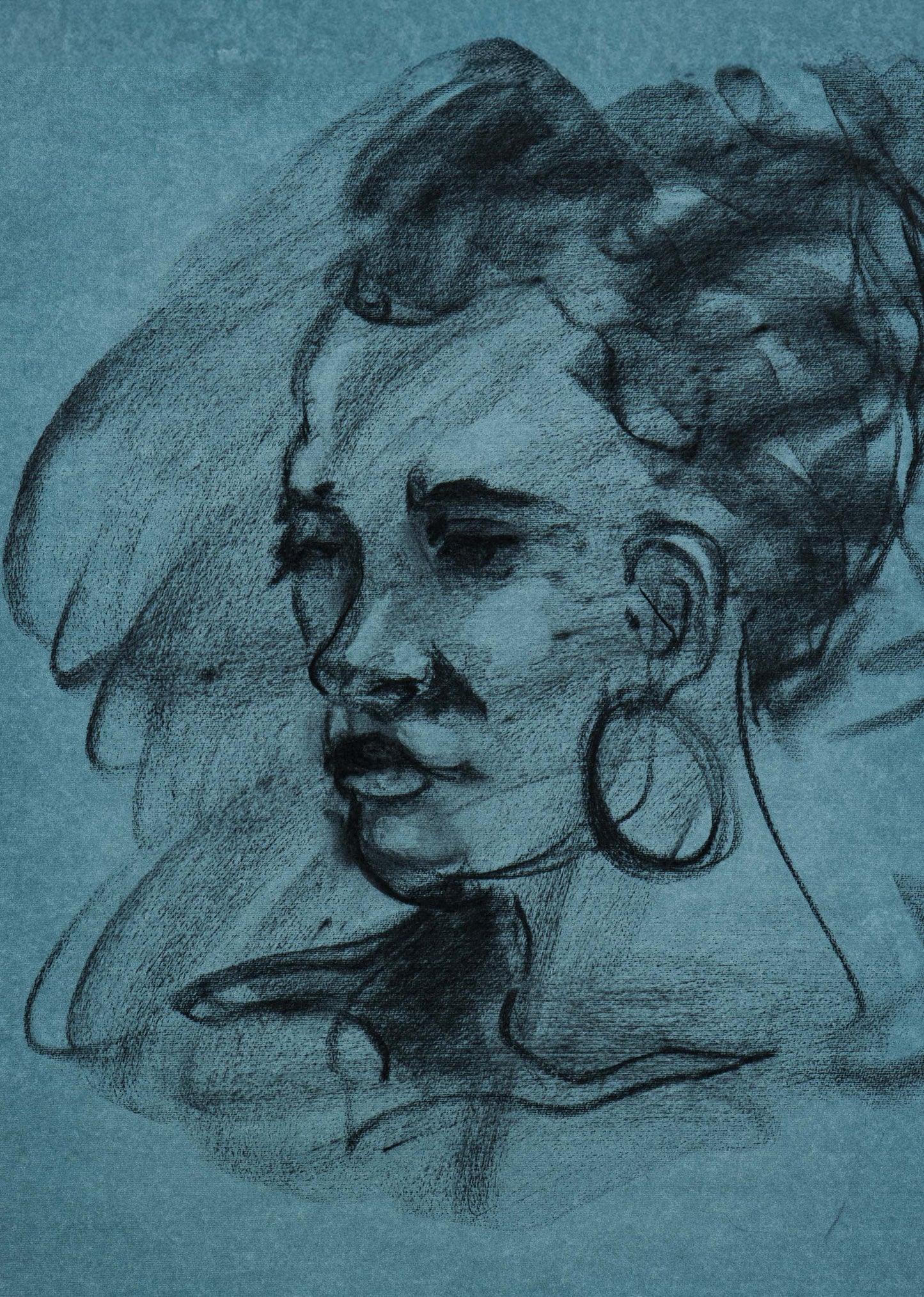 Original charcoal portrait of a figure in profile with hoop earring on toned cotton paper, exploring line, shadow, and restraint.