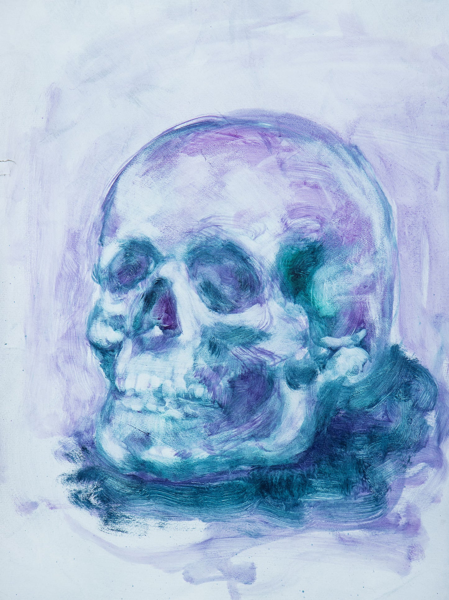Quiet Remains, original oil stick painting of a skull in blue, teal and violet tones against a pale background.