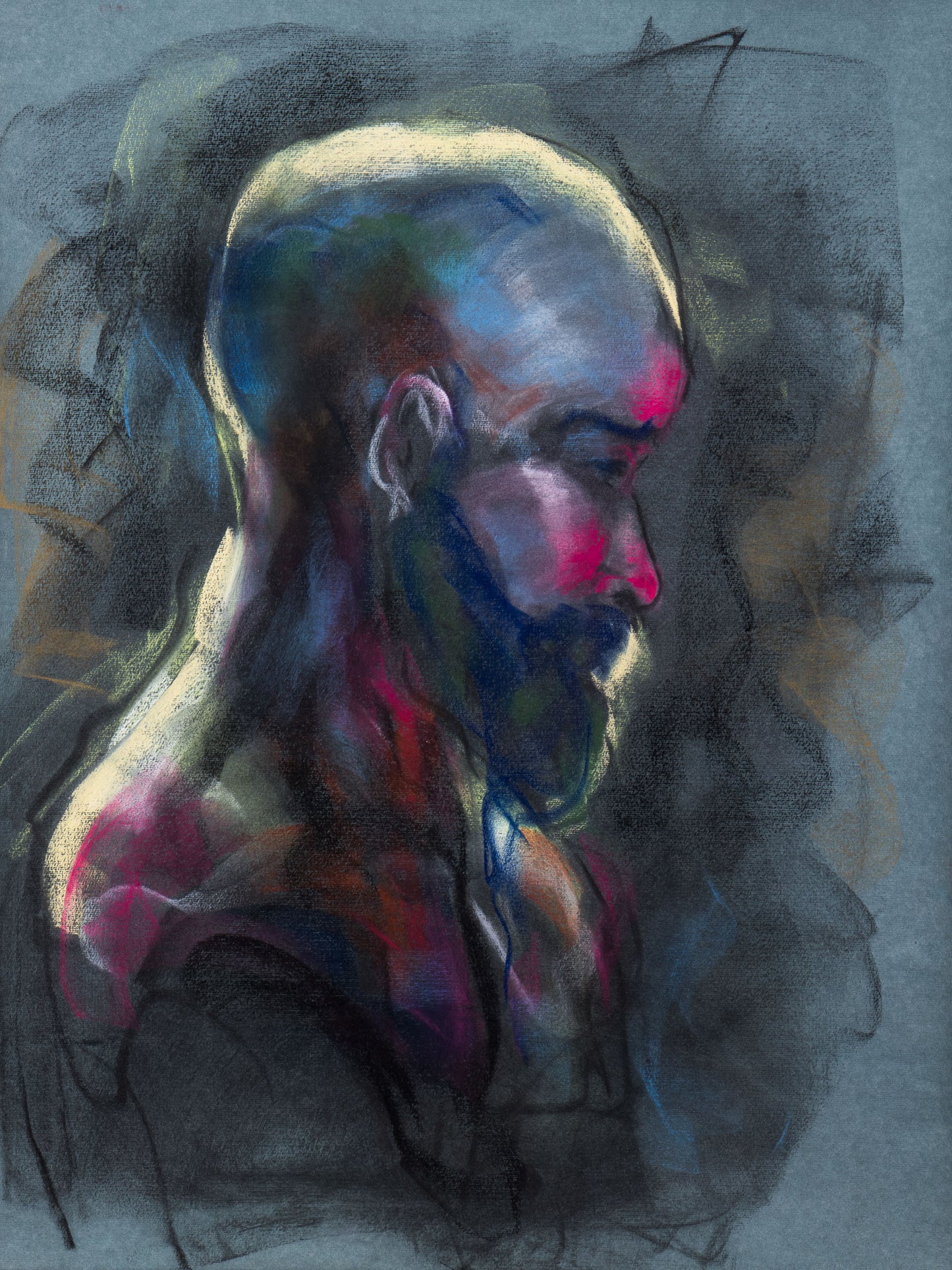 Original pastel portrait of a figure in profile with grey, blue, crimson, and gold tones, exploring quiet force and contained intensity.