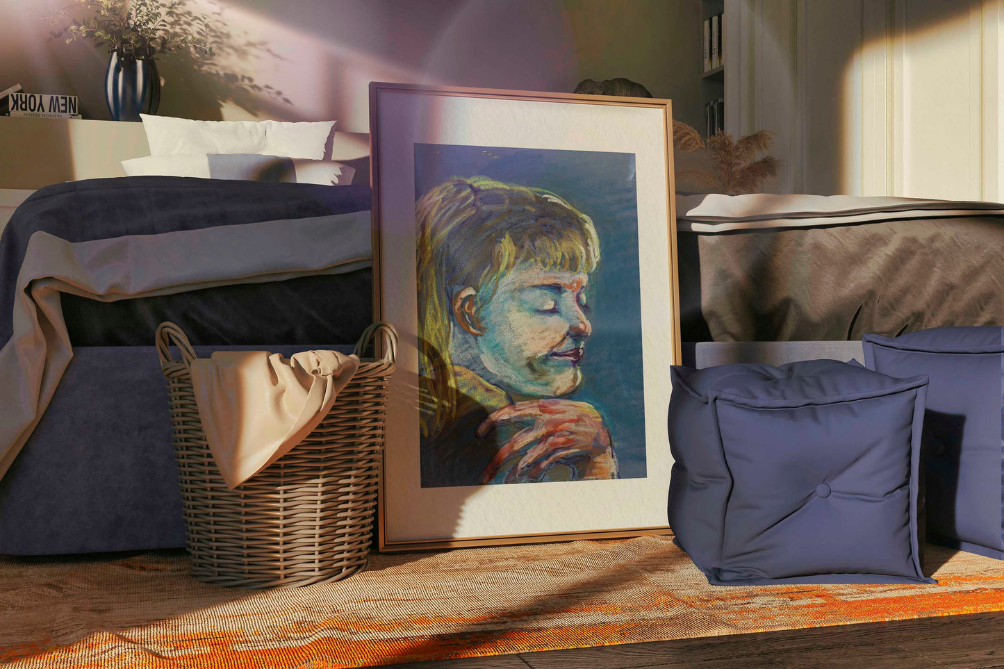 Quiet Tide fine art print by Bogdan Jensen displayed on a bedroom floor, showing the soft pastel portrait in a relaxed interior setting
