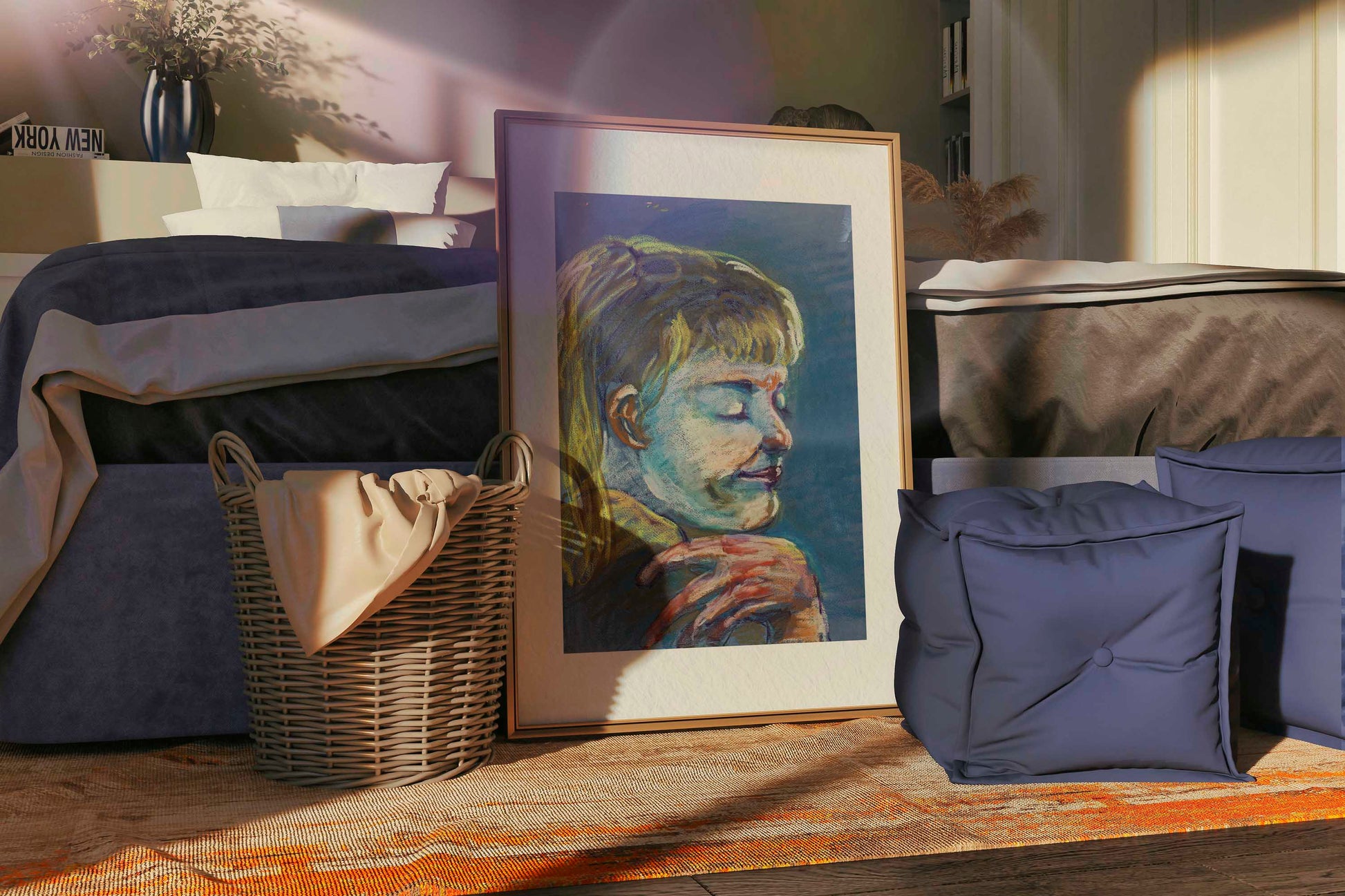 Quiet Tide fine art print by Bogdan Jensen displayed on a bedroom floor, showing the soft pastel portrait in a relaxed interior setting