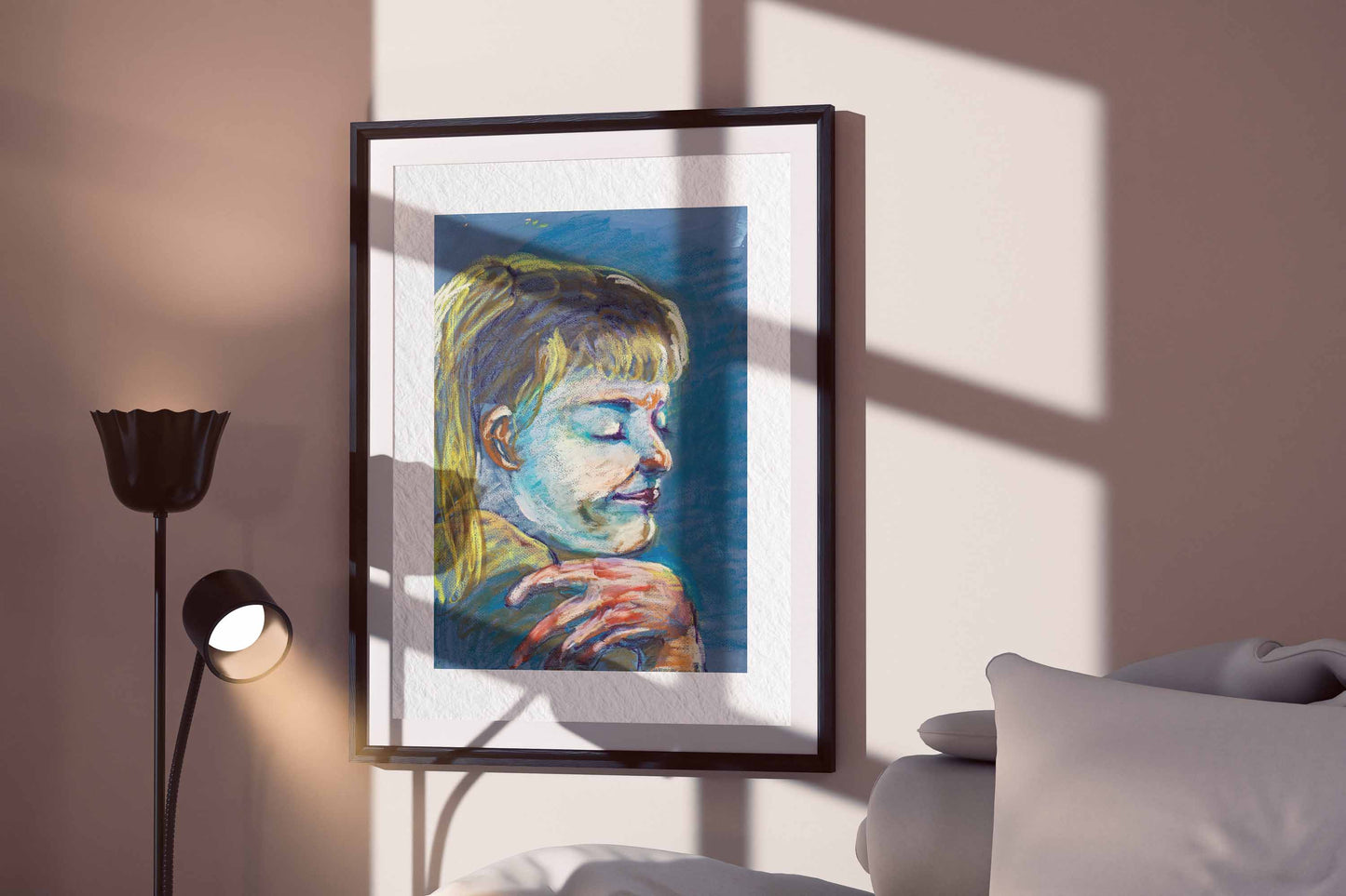 Quiet Tide fine art print by Bogdan Jensen displayed in a framed bedroom mockup with soft window shadows and a reflective pastel portrait