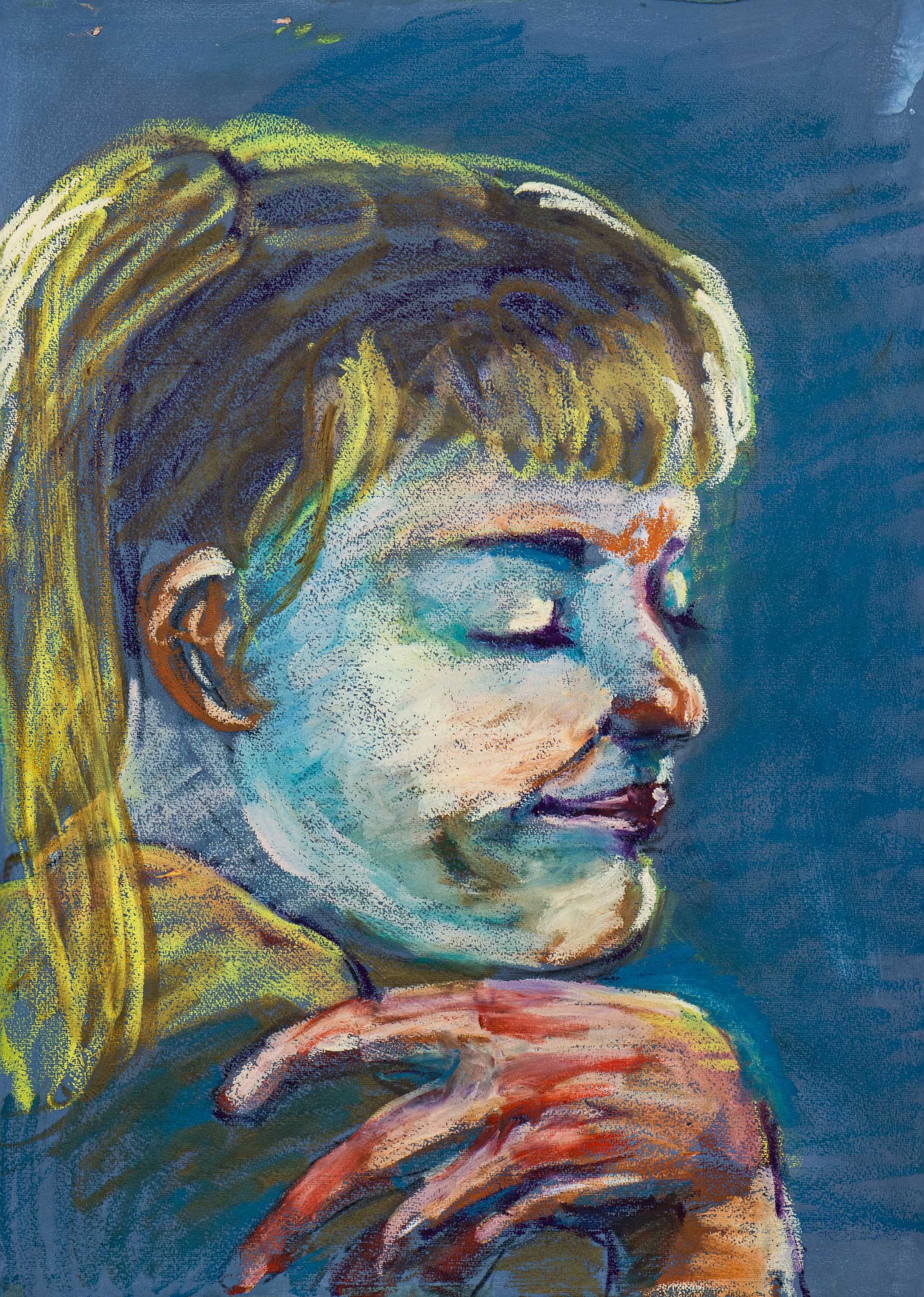 Original oil stick portrait of a figure in profile with closed eyes against a cool blue field on toned cotton paper.