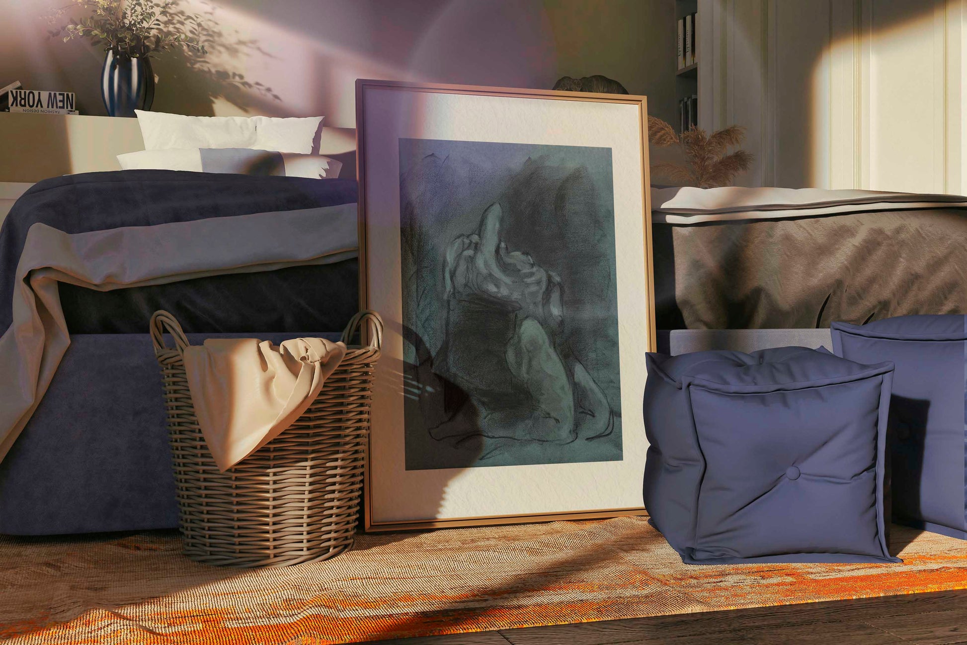 Returned from Shadow fine art print by Bogdan Jensen displayed on a bedroom floor, showing the dark charcoal figure drawing in a relaxed interior setting