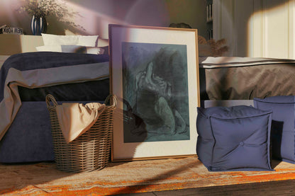 Returned from Shadow fine art print by Bogdan Jensen displayed on a bedroom floor, showing the dark charcoal figure drawing in a relaxed interior setting