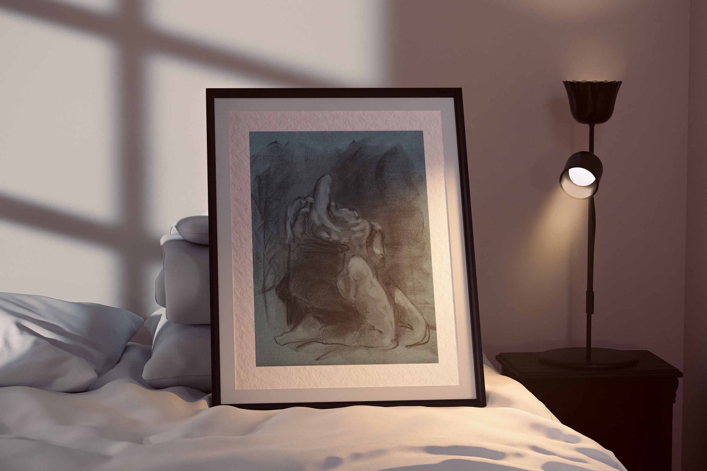 Returned from Shadow fine art print by Bogdan Jensen shown framed beside a bed, with the seated figure held in deep blue shadow