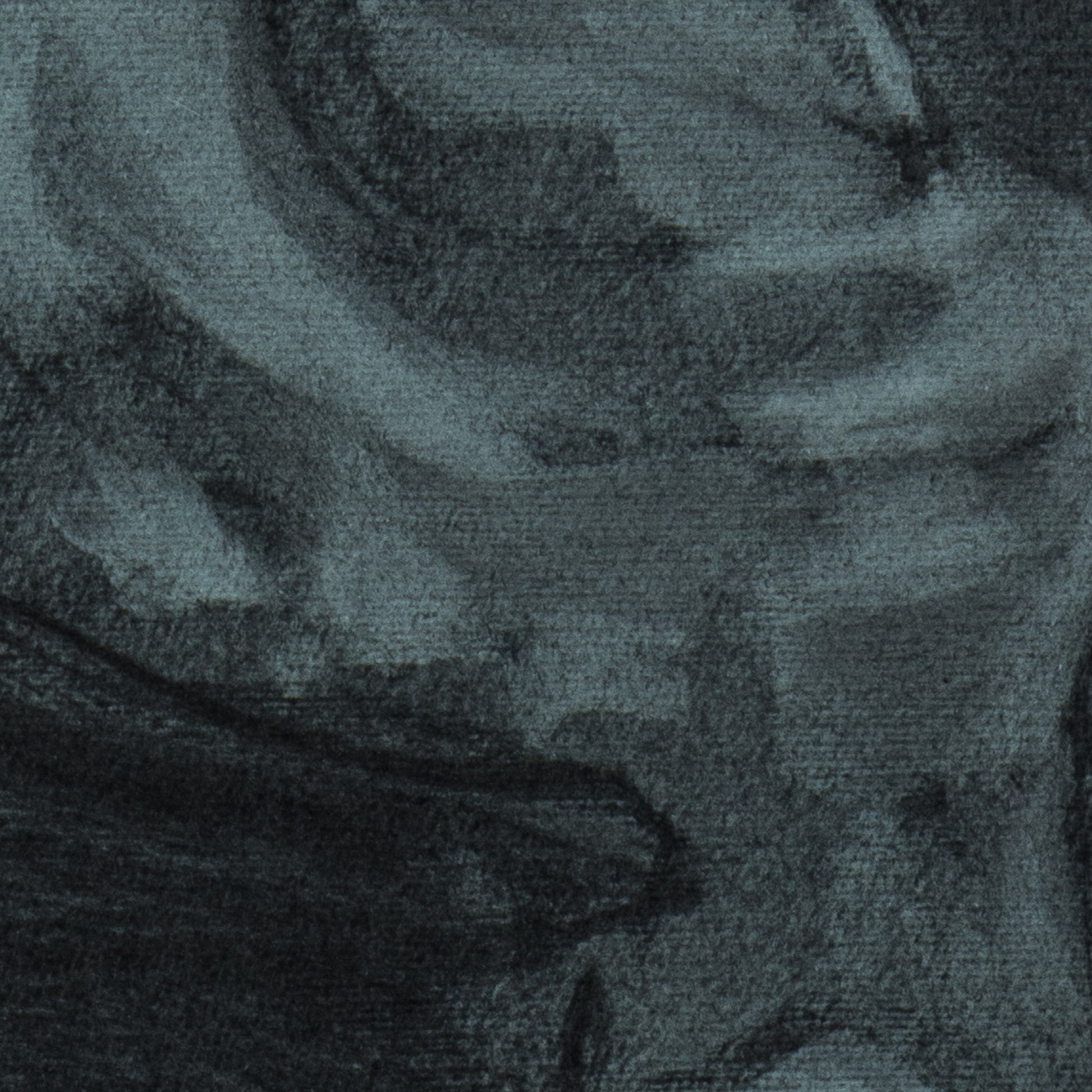 Close-up of Returned from Shadow fine art print by Bogdan Jensen showing charcoal texture, deep blue tones, and the folded figure emerging from shadow