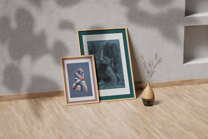 Returned from Shadow shown as framed next to another print, on the floor. 