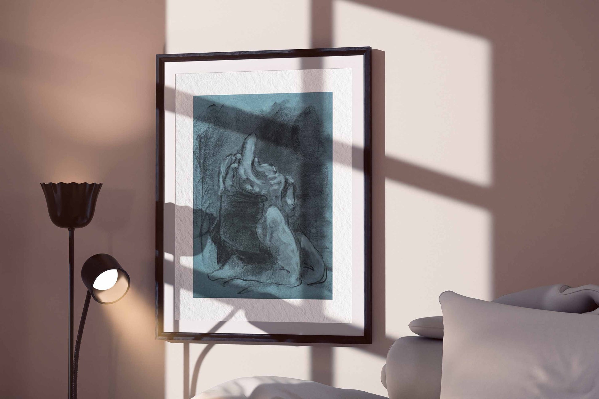 Returned from Shadow fine art print by Bogdan Jensen displayed in a framed bedroom mockup with soft window shadows and a dark blue seated figure drawing