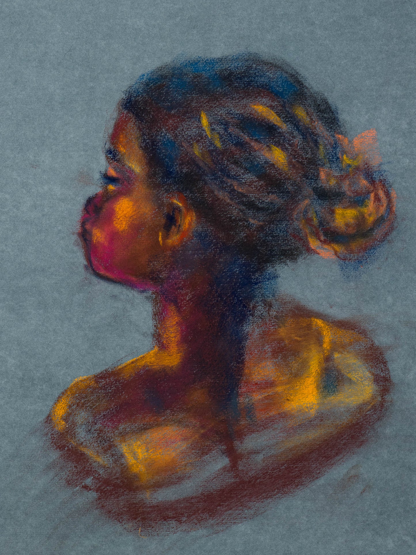 Original pastel drawing of a young figure turning inward on toned cotton paper, exploring innocence, awareness, and quiet becoming.