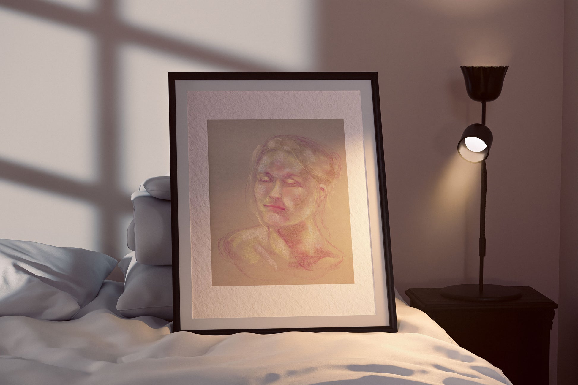 Soft Glow fine art print by Bogdan Jensen shown framed beside a bed, with the portrait rendered in pale pink, yellow, white, and violet pastel tones