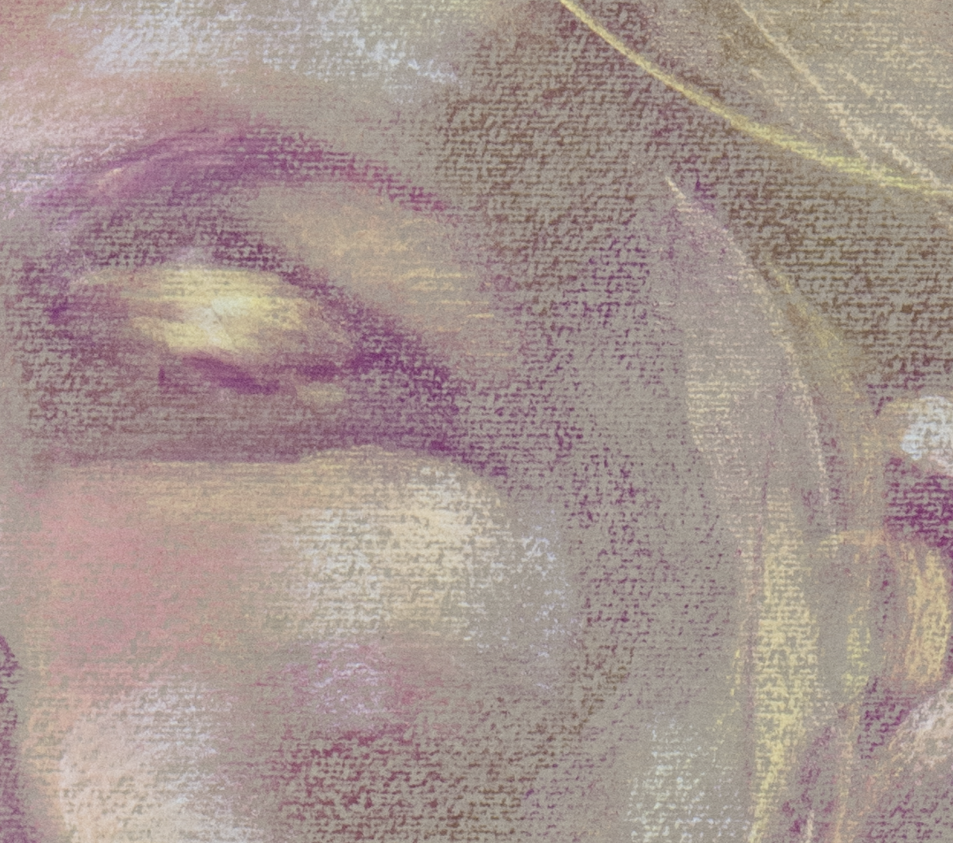 Close-up of Soft Glow fine art print by Bogdan Jensen showing soft pastel texture, pale pink and yellow highlights, and the portrait’s closed eyes