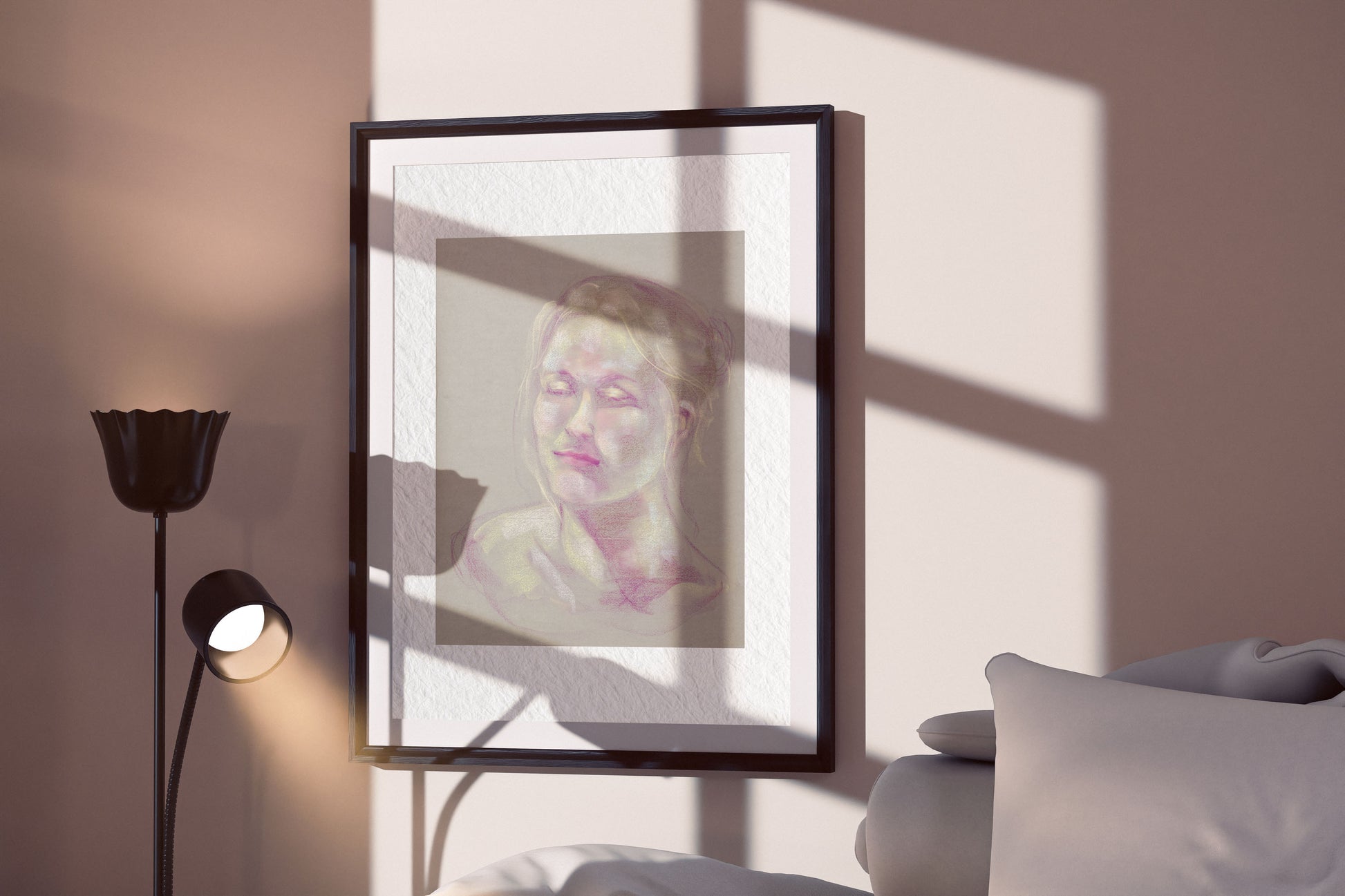 Soft Glow fine art print by Bogdan Jensen displayed in a framed bedroom mockup with soft window shadows and a pastel portrait in gentle light tones