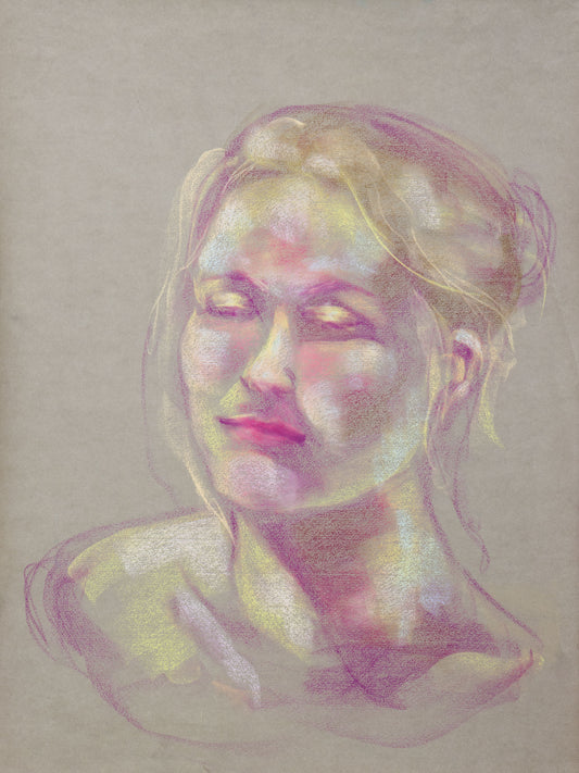 Original pastel portrait of a face softened by pale yellow, pink, and cool highlights on toned cotton paper.