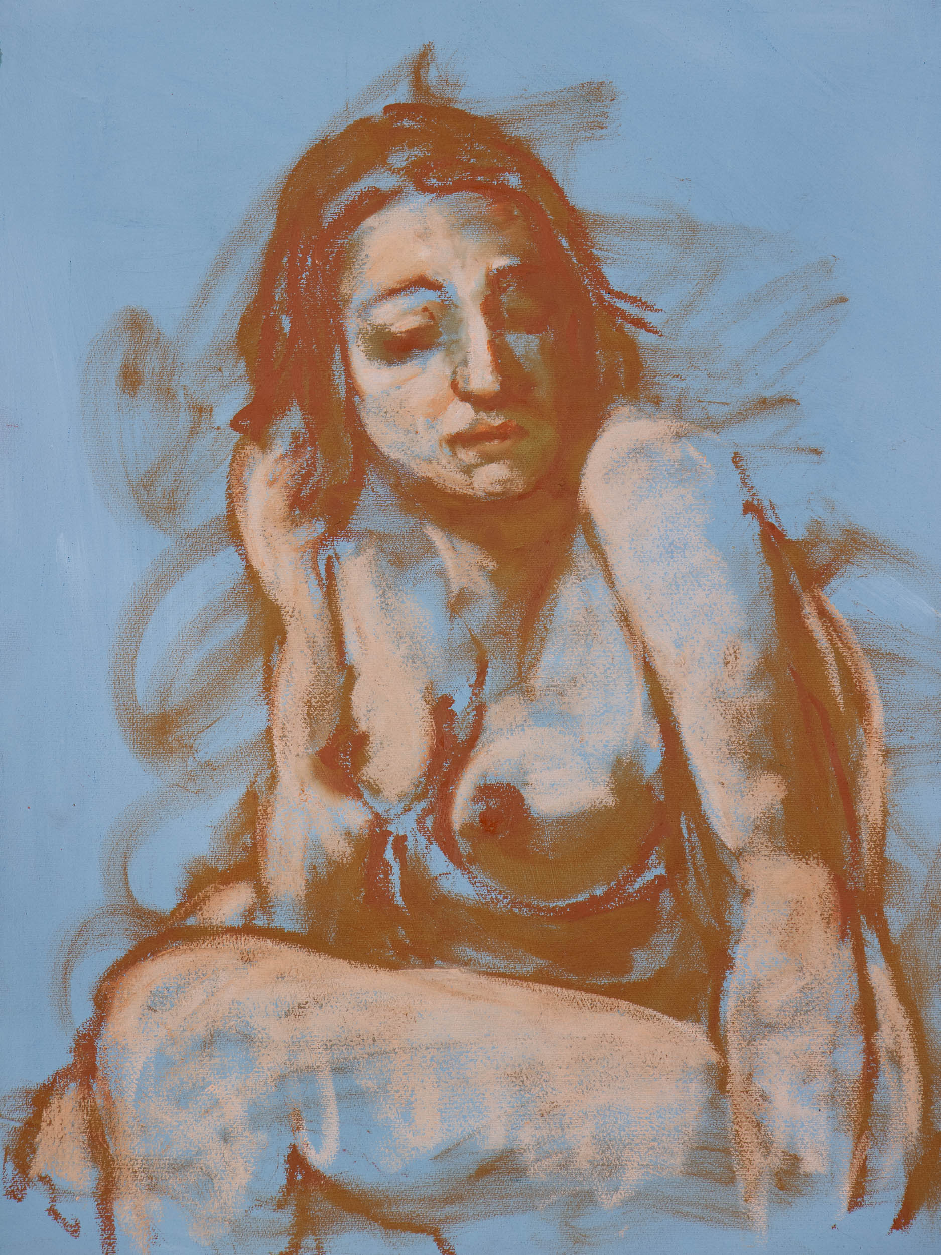 Soft Whisper fine art print by Bogdan Jensen, showing a seated soft pastel figure study in pale blue, ochre, rust, and warm skin tones.