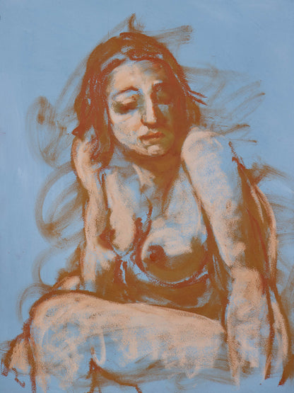 Soft Whisper fine art print by Bogdan Jensen, showing a seated soft pastel figure study in pale blue, ochre, rust, and warm skin tones.