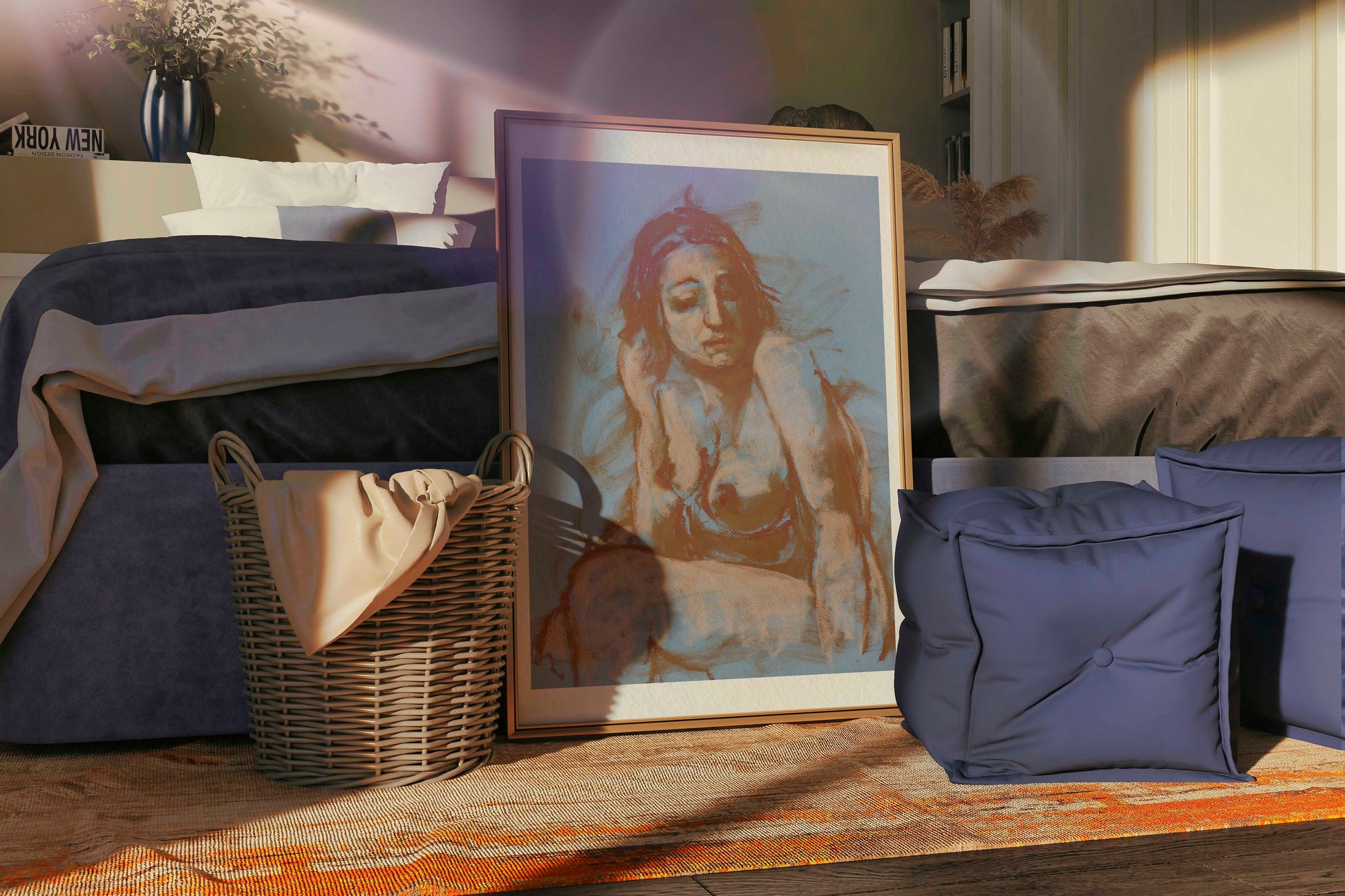 Large Soft Whisper fine art print in a gold frame, leaning in a warm bedroom interior with soft light, blue cushions, and natural textures.