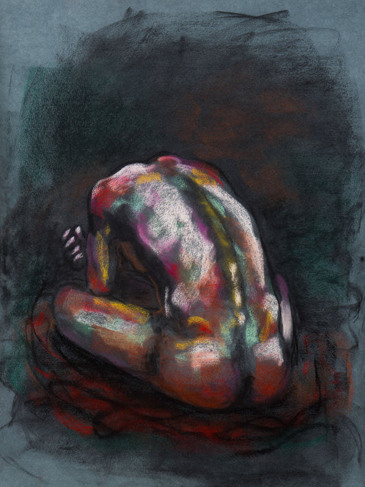 Original pastel drawing of a curled figure on black paper with red, green, and gold tones, exploring warmth, shadow, and surrender.