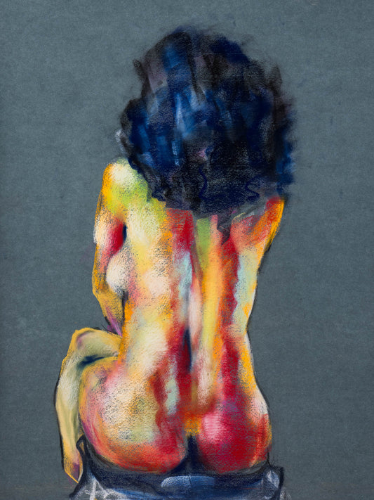 Original pastel drawing of a seated figure in fiery red, yellow, and orange tones against deep blue shadows, exploring inner vitality.