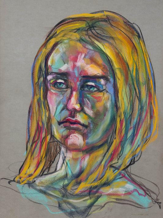 Original pastel drawing of a still figure in layered colour and shadow, exploring perception, emotion, and contemplative stillness.