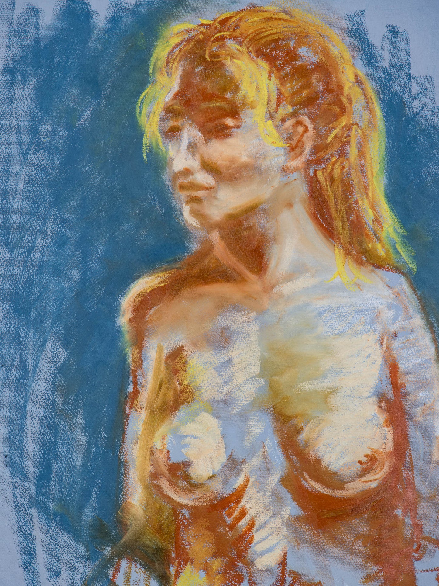 Still Here, original oil stick painting of a warm-toned seated figure turning against a blue background.