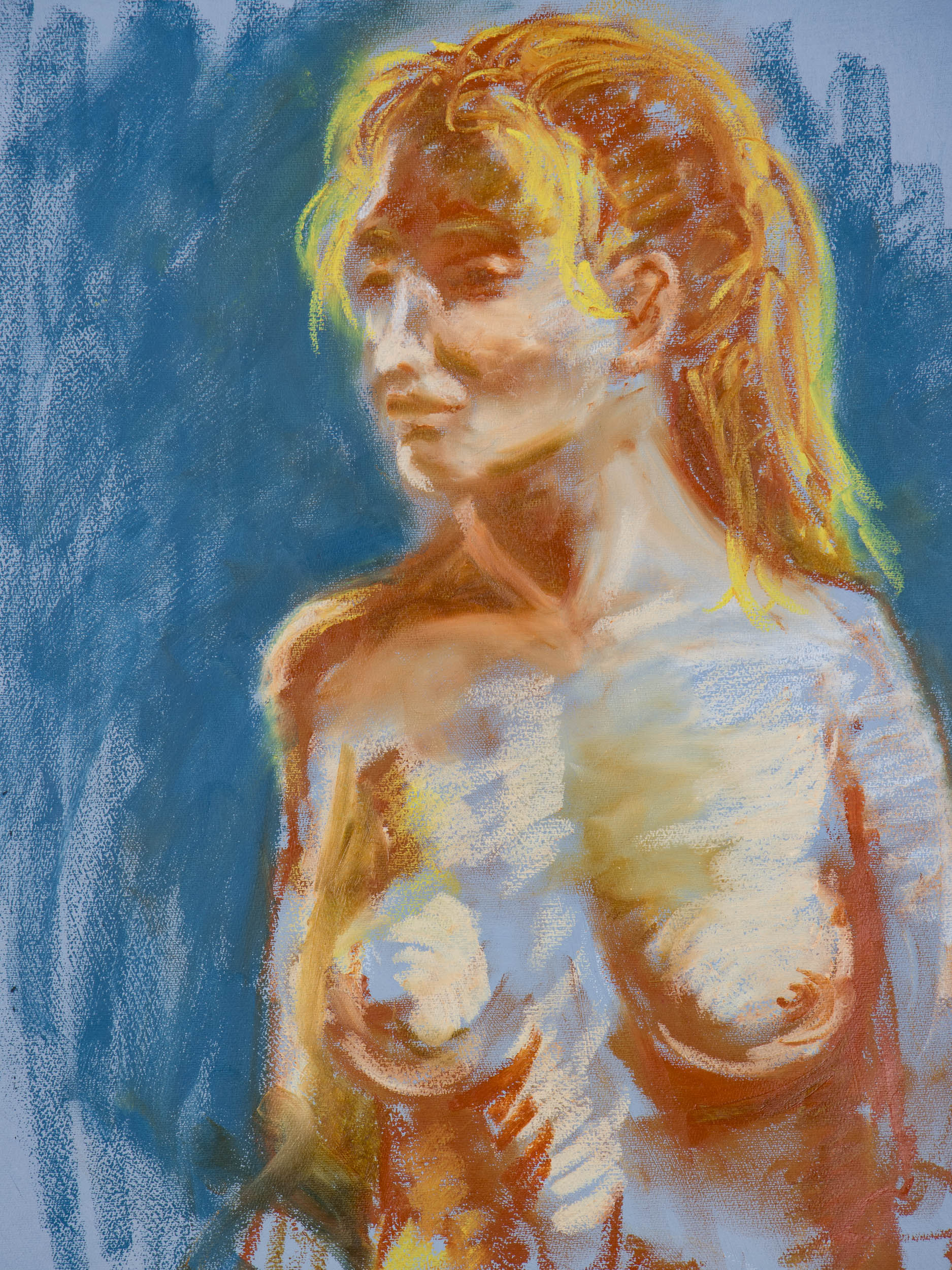 Still Here, original oil stick painting of a warm-toned seated figure turning against a blue background.