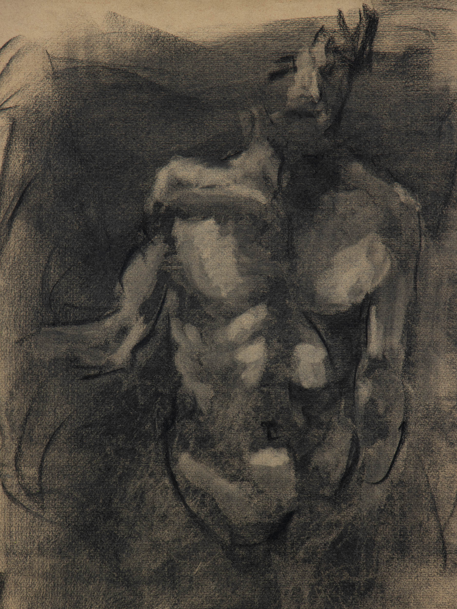 Suspended I, 2026 original live drawing of a folded figure by Bogdan Jensen in quiet tension and shadow
