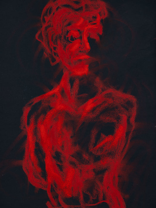 Suspended III, 2026 original red live figure drawing by Bogdan Jensen suspended between presence and disappearance