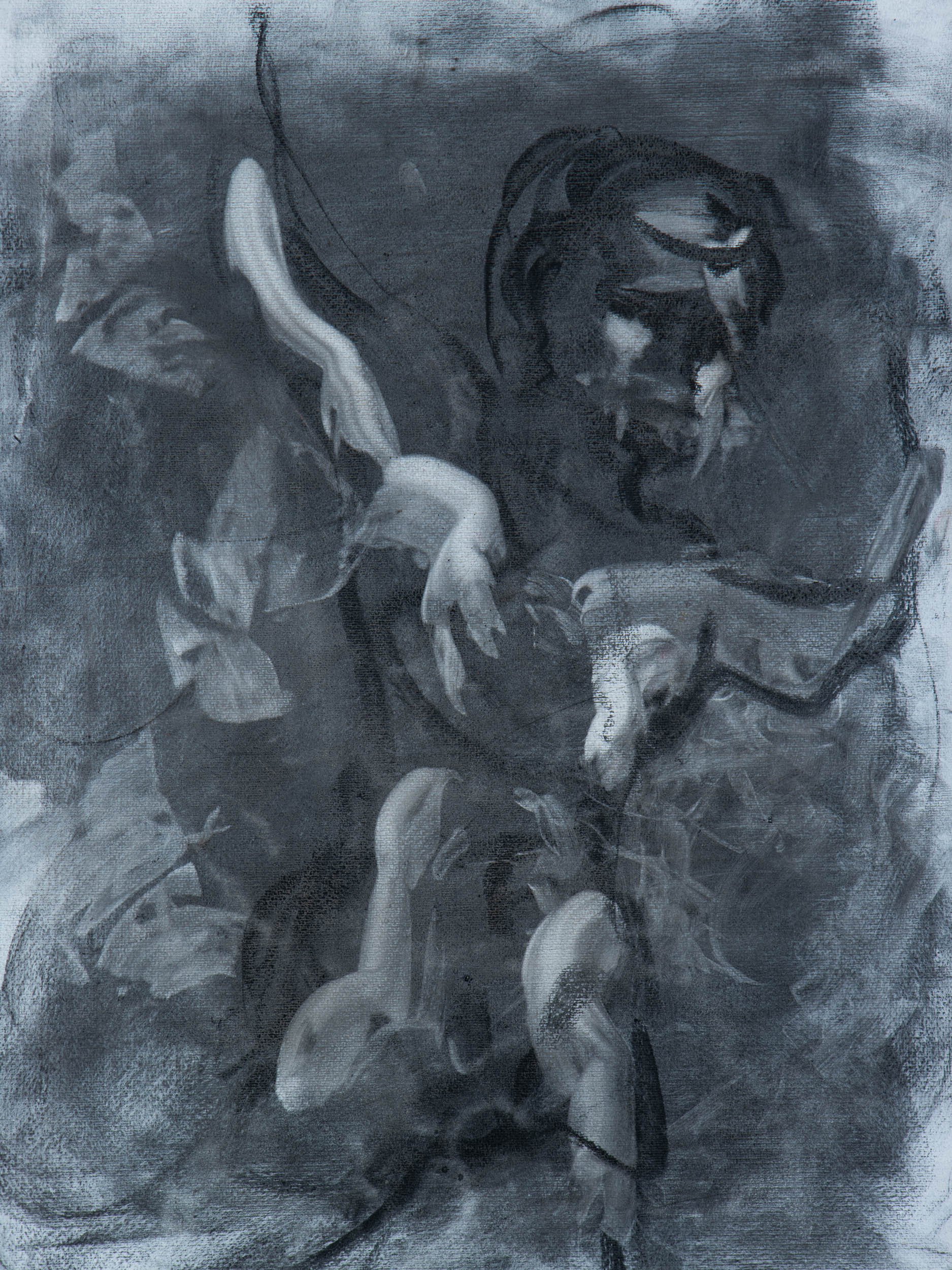 Tendu I, 2026 original live figure drawing by Bogdan Jensen of a suspended body stretching through tension