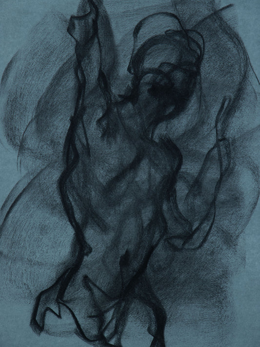 Tendu IV, 2026 original charcoal live figure drawing by Bogdan Jensen pulled upward through darkness and motion