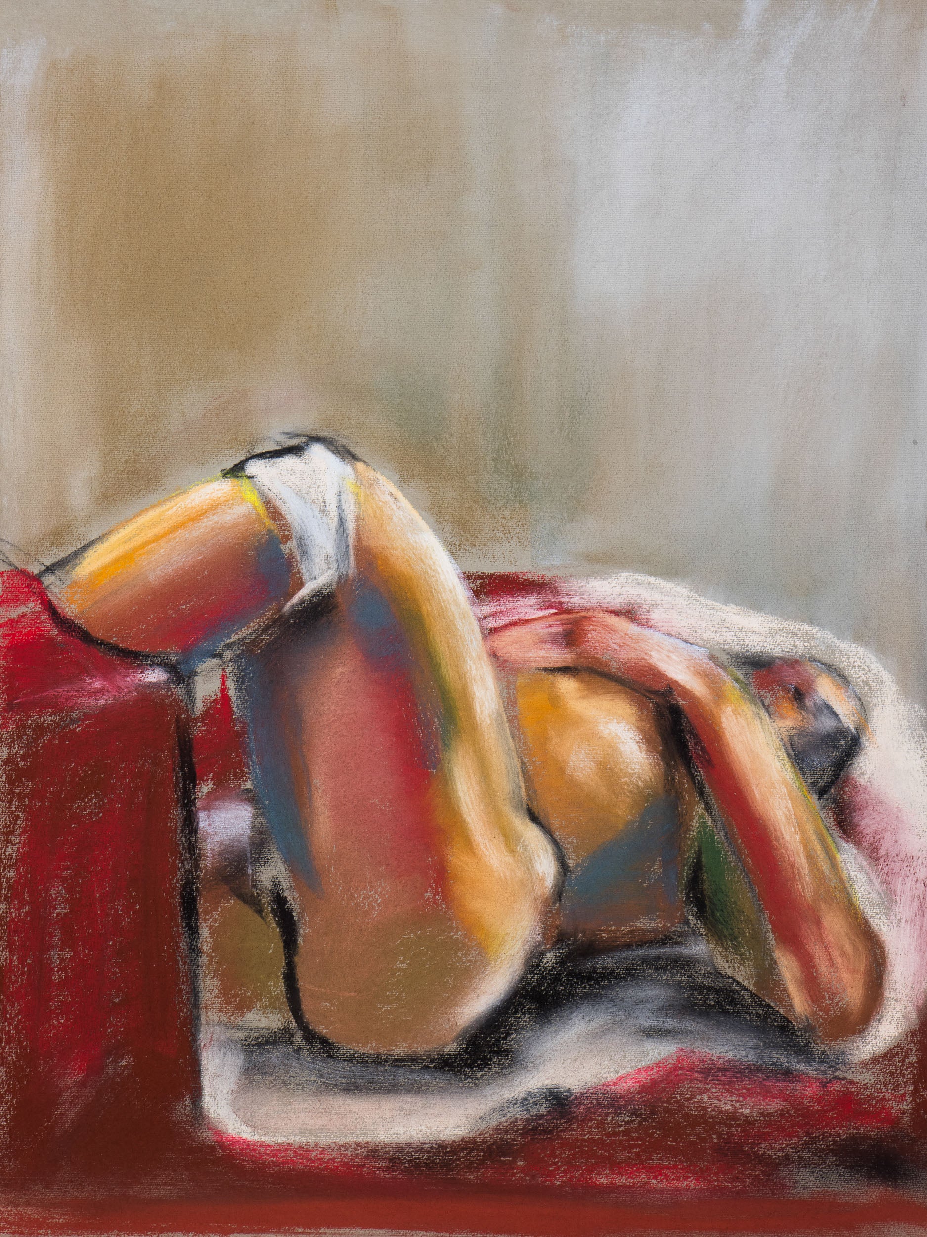 Original pastel drawing of a reclining figure in warm red and earthy tones on cotton paper, exploring rest and vulnerable presence.