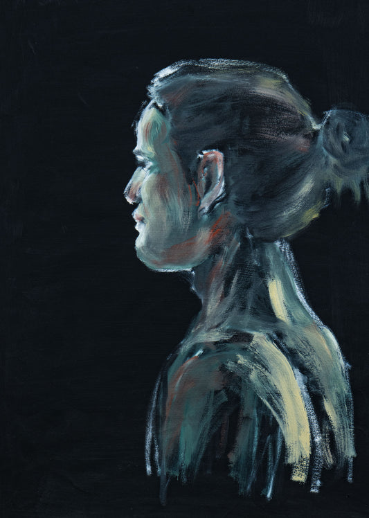 Original oil painting of a figure in profile on black gessoed cotton paper, shaped by blue-green light and pale highlights.