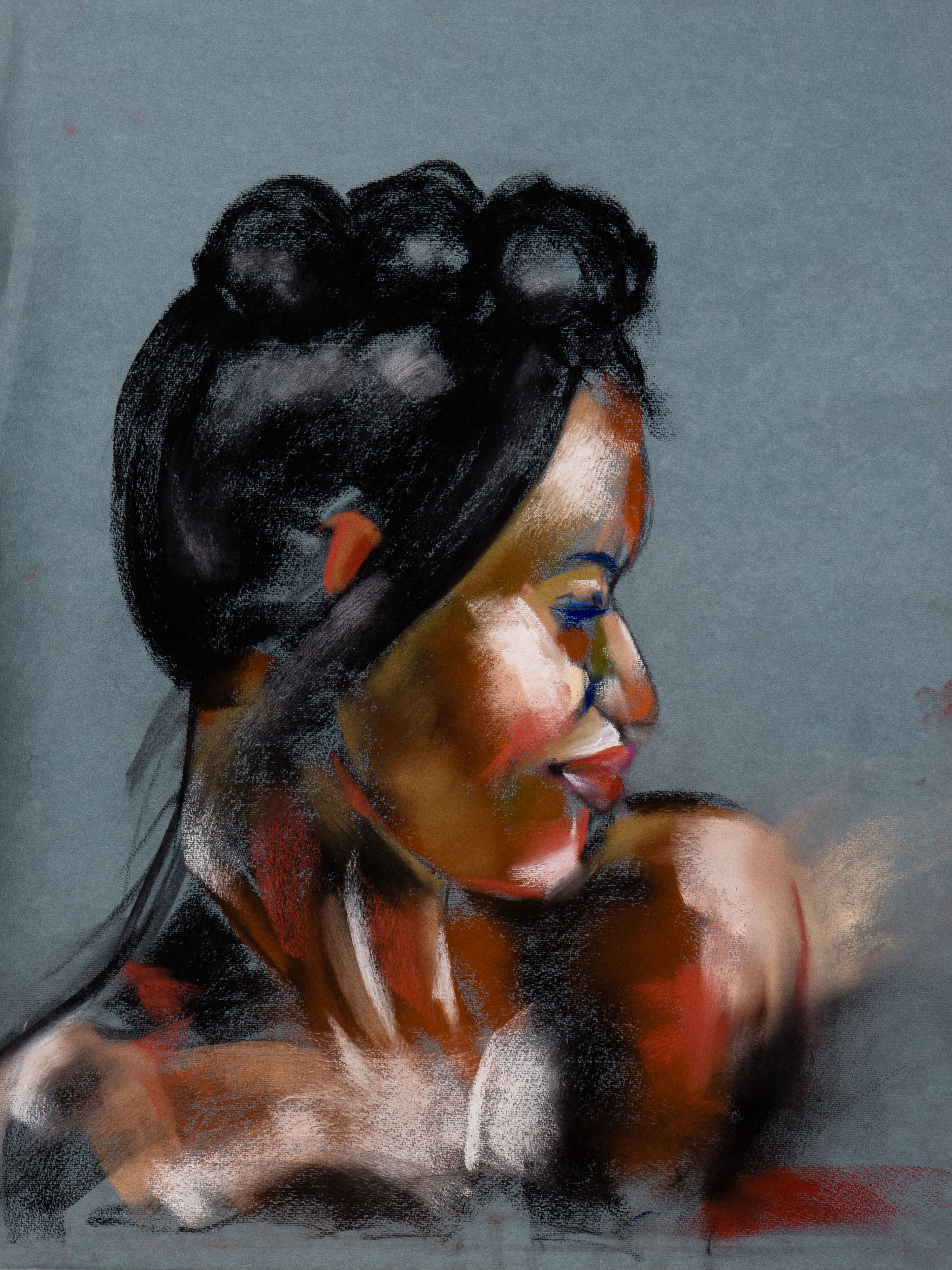 Original pastel drawing, portrait of a african-american woman on toned cotton paper, exploring light, movement, stillness, and quiet vitality.