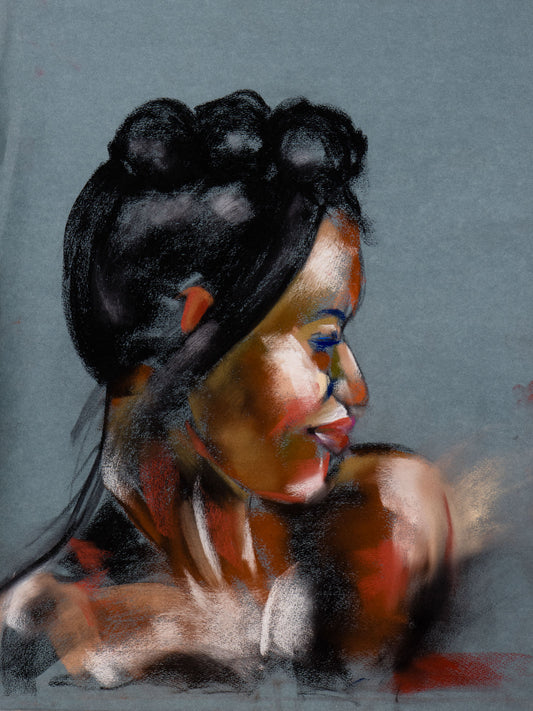 Original pastel drawing, portrait of a african-american woman on toned cotton paper, exploring light, movement, stillness, and quiet vitality.