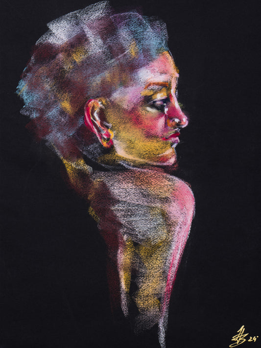 Original pastel drawing of a female portrait in profile on black paper, with vivid colours across the face, hair, and shoulders.