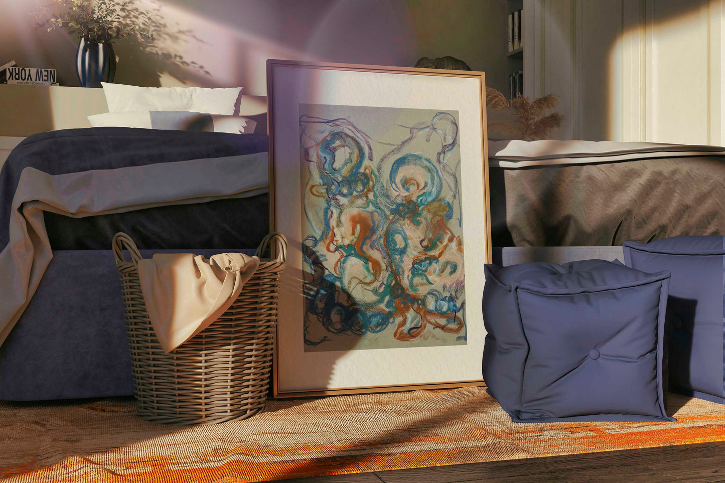 Together in the Garlands fine art print by Bogdan Jensen displayed on a bedroom floor, showing the abstract pastel drawing in a relaxed interior setting