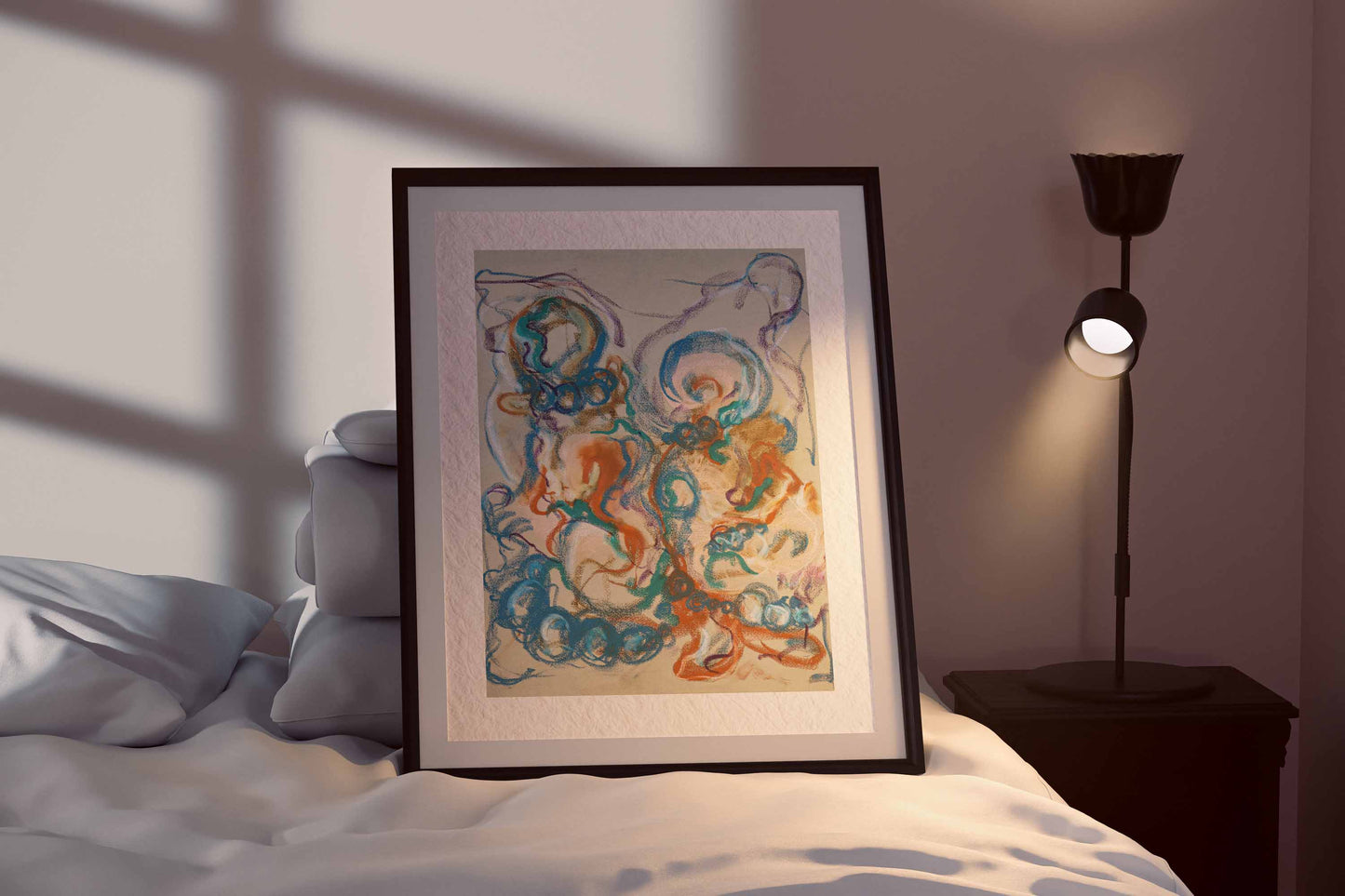 Together in the Garlands fine art print by Bogdan Jensen shown framed beside a bed, with intertwined blue, ochre, teal, and violet forms