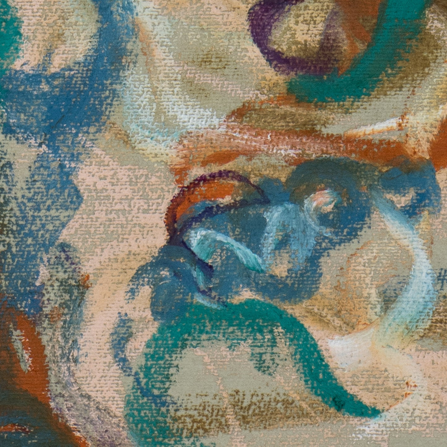 Close-up of Together in the Garlands fine art print by Bogdan Jensen showing pastel texture, layered blue and ochre marks, and intertwined abstract forms