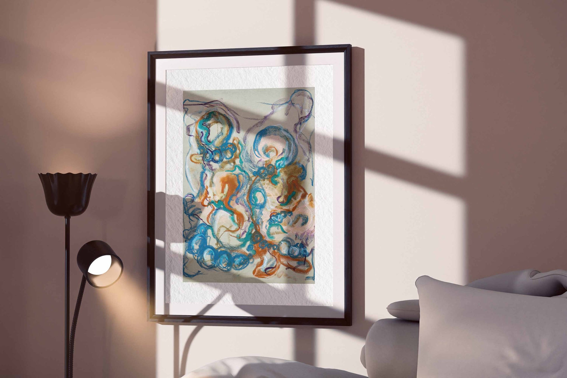 Together in the Garlands fine art print by Bogdan Jensen displayed in a framed bedroom mockup with soft window shadows and layered abstract pastel forms