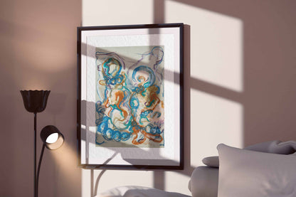 Together in the Garlands fine art print by Bogdan Jensen displayed in a framed bedroom mockup with soft window shadows and layered abstract pastel forms